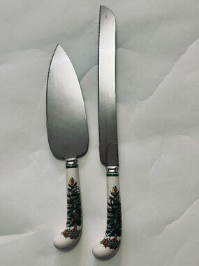 Spode Christmas Tree Cake Knife & Pastry Server 2 pc Porcelain Handles sheffied